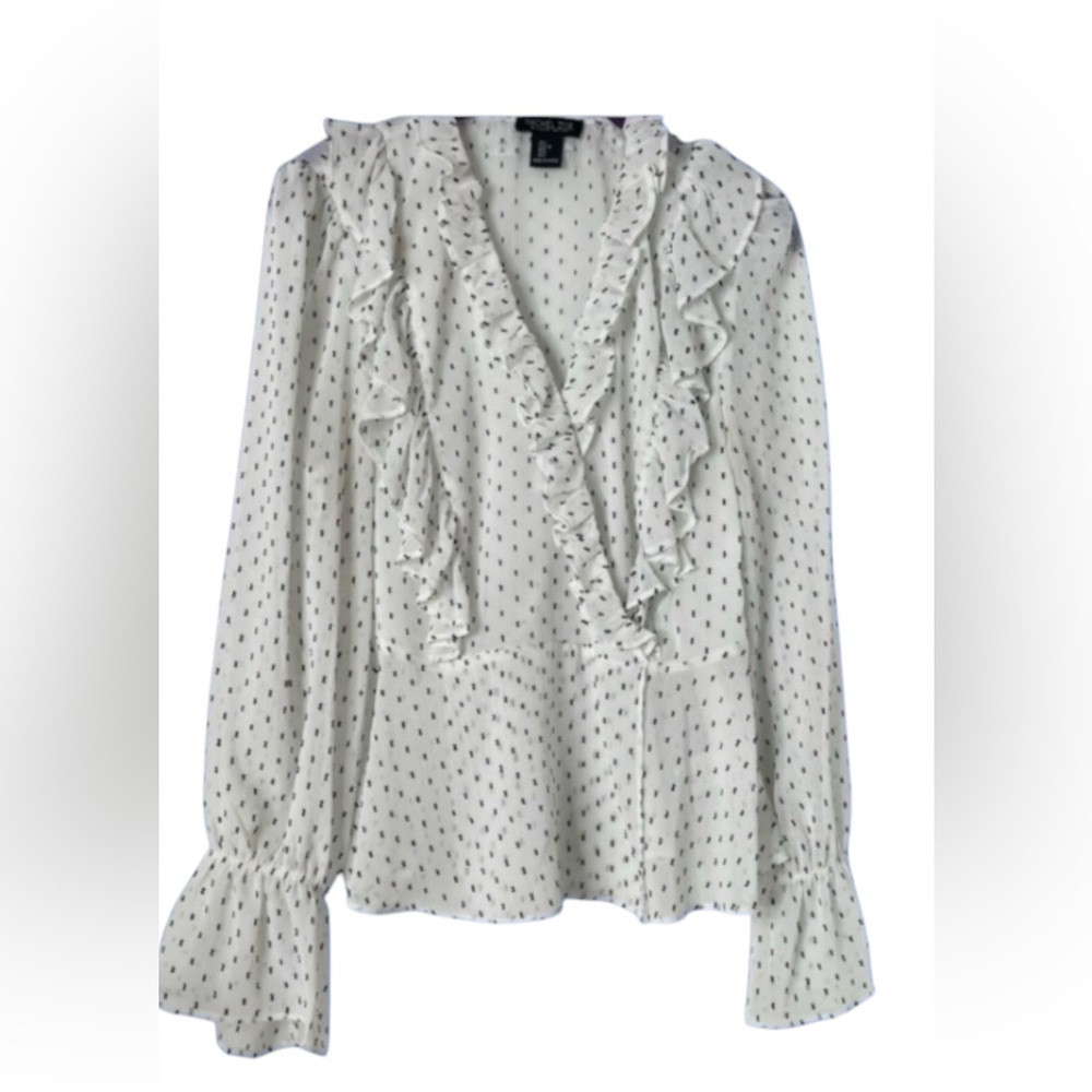 Rachel Zoe Sheer Ruffled Blouse Black and white Swiss Dot Romantic Wrap Sz L